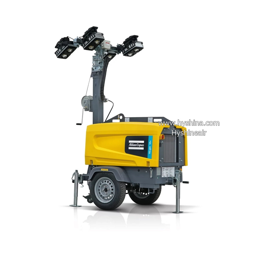 Atlas Copco HiLight V5+ NEO Portable LED Lighting Tower 5000m² Coverage Low Fuel Consumption Motor 7.5m Mast Silent Operation