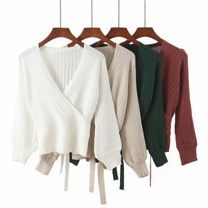 V-Neck Bandage Waist Sweaters - Hyshina